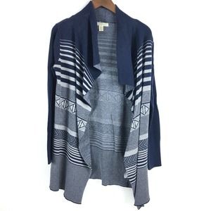Kaisely Womens Sweater Large Blue Long Sleeve Open Cardigan Cotton Boho Striped